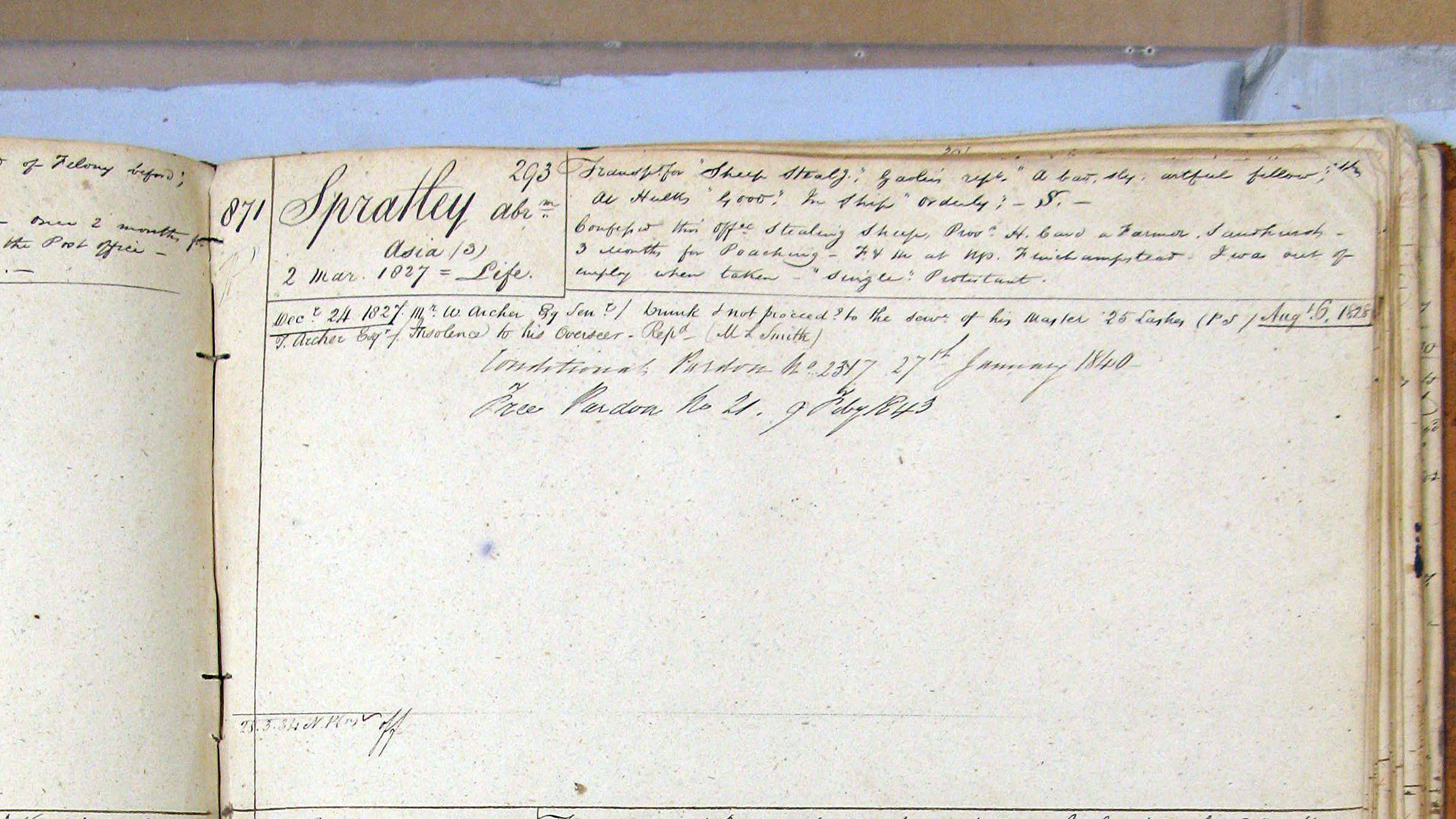 Excerpt from ledgers held as part of Brickendon Estate’s archives mentioning Abraham Spratley.