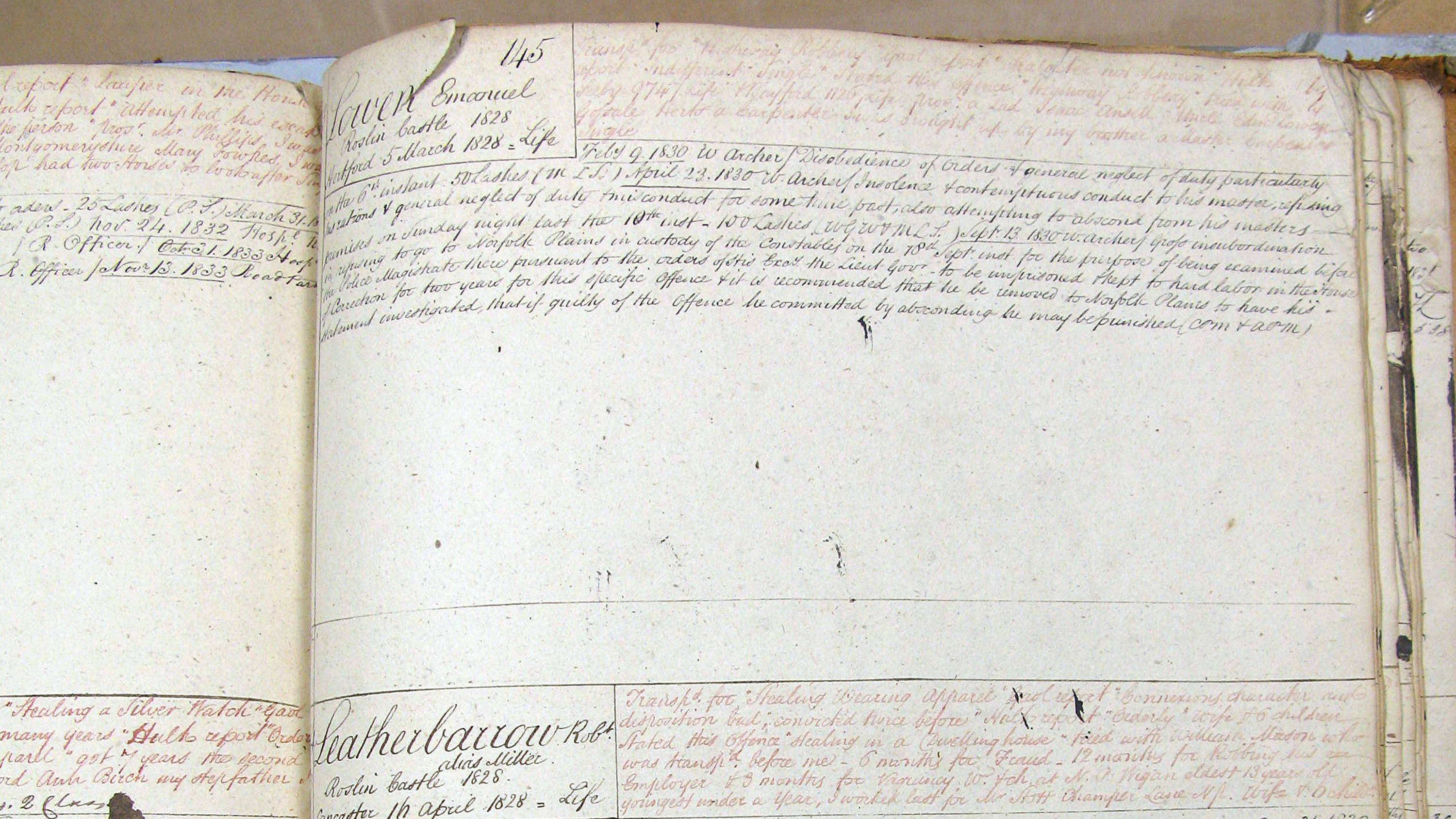 Excerpt from ledgers held as part of Brickendon Estate’s archives mentioning Emanuel Lowen.