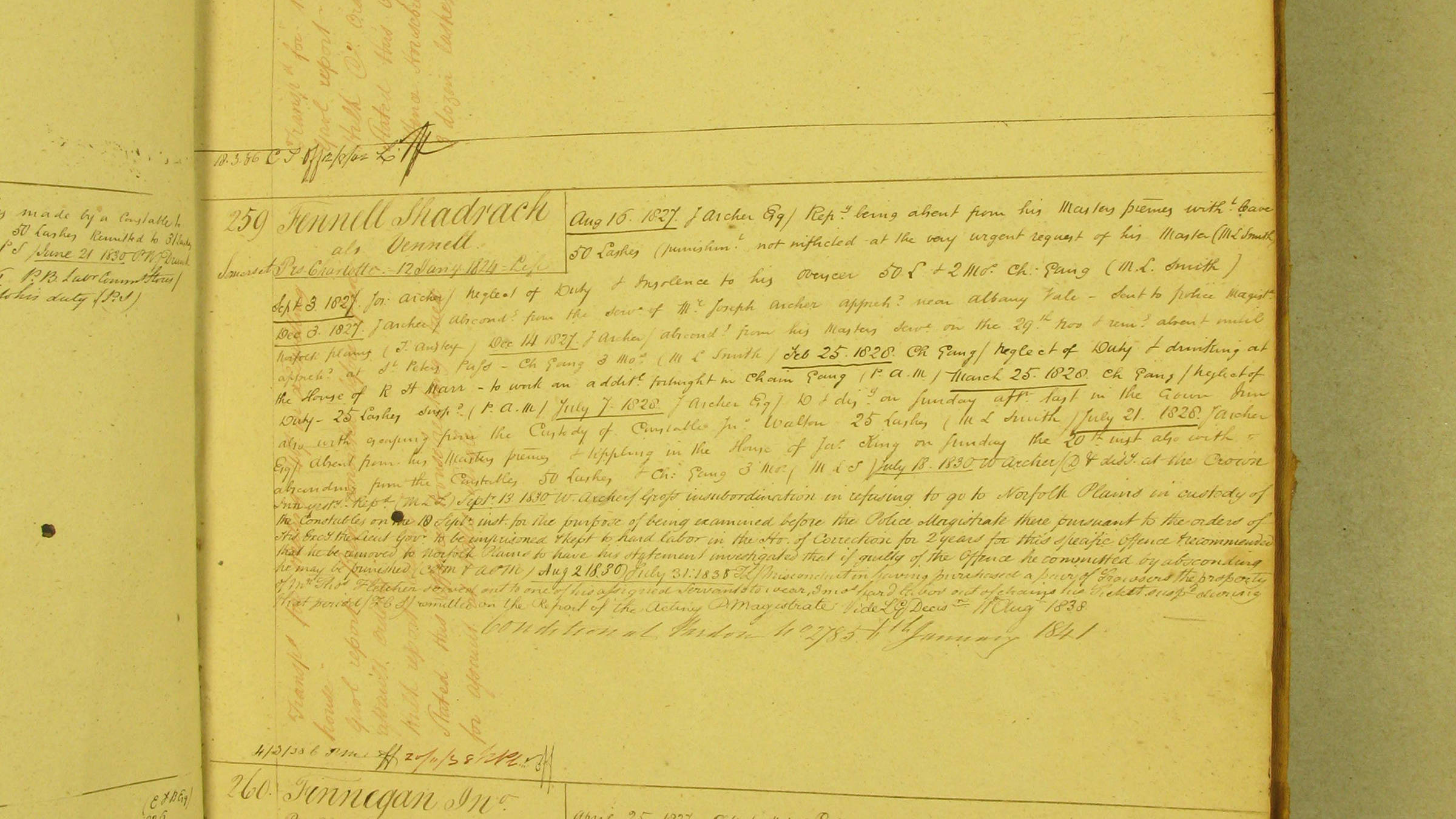 Excerpt from ledgers held as part of Brickendon Estate’s archives mentioning Shadrack Fennell.