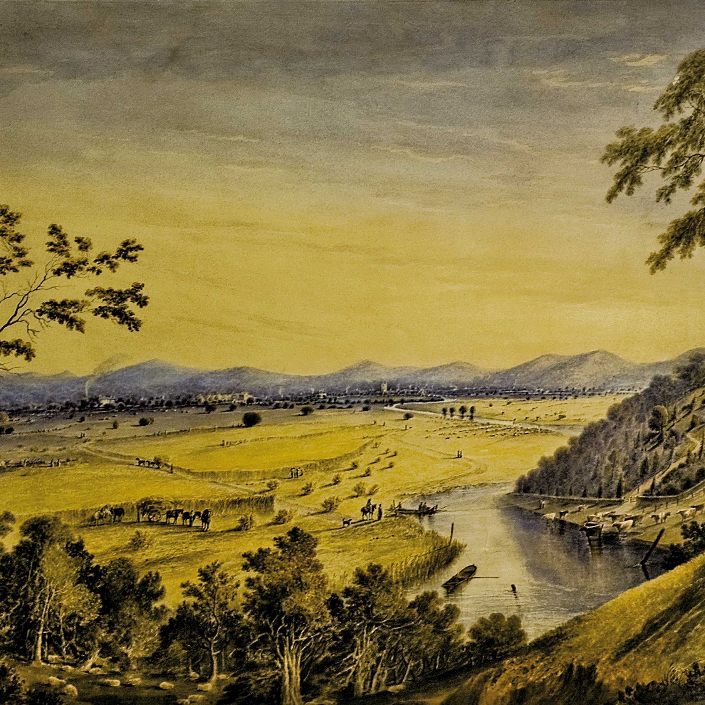 Oil painting of Norfolk Plains by William Thomas Lyttleton. Painted 1833. It shows Woolmers in the foreground and Brickendon in the distance across the Lake River, renamed the Macquarie River. Image shows men and bullocks working the fields, native trees and a punt that crosses the river. Source: Brickendon Estate Archives.