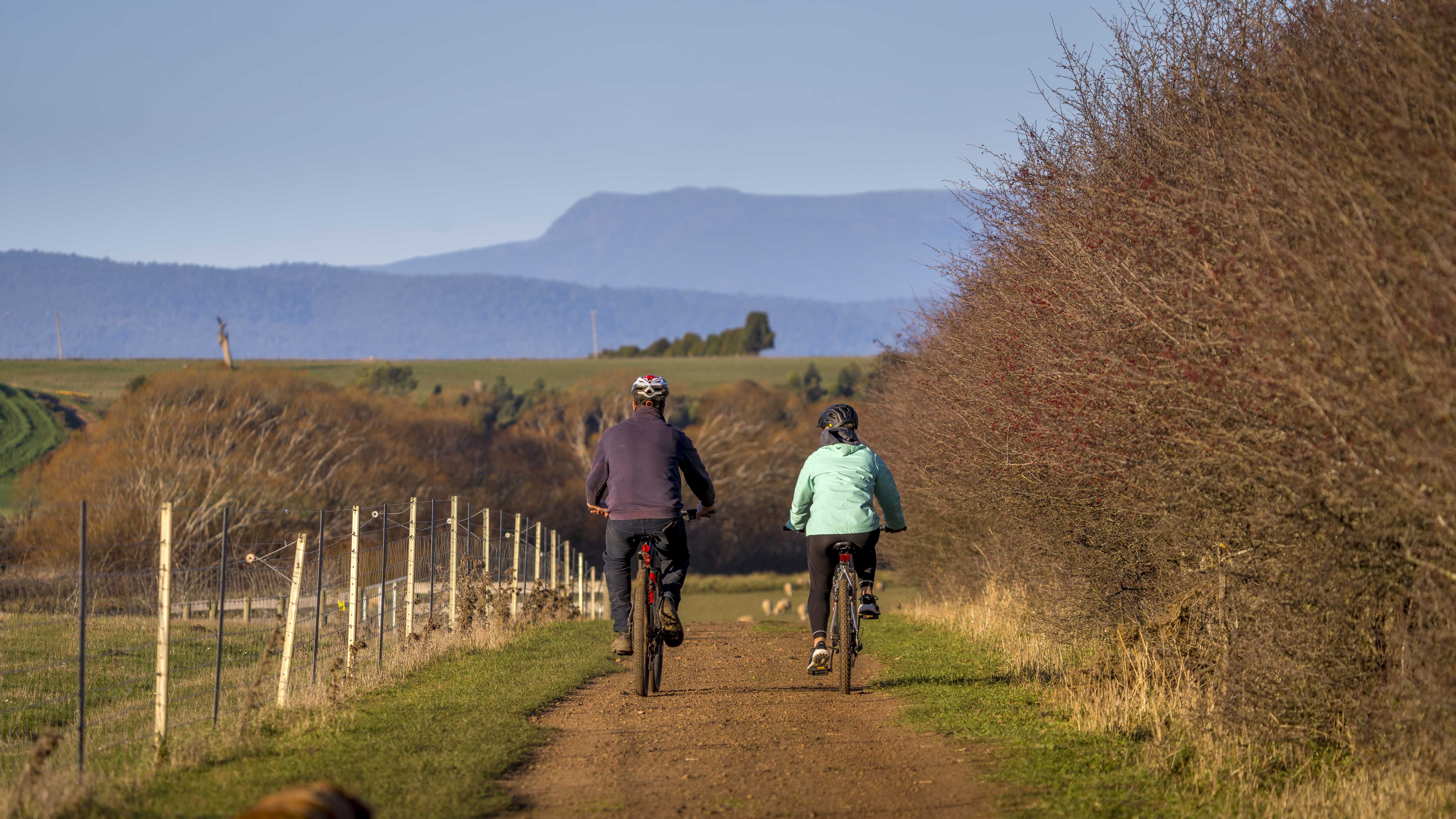 Two cyclists ride away from the camera on the Convict Trail alongside a hawthorn hedgerow growing red berries. Hills and mountains in the background create different layers. Photo: Rob Burnett.