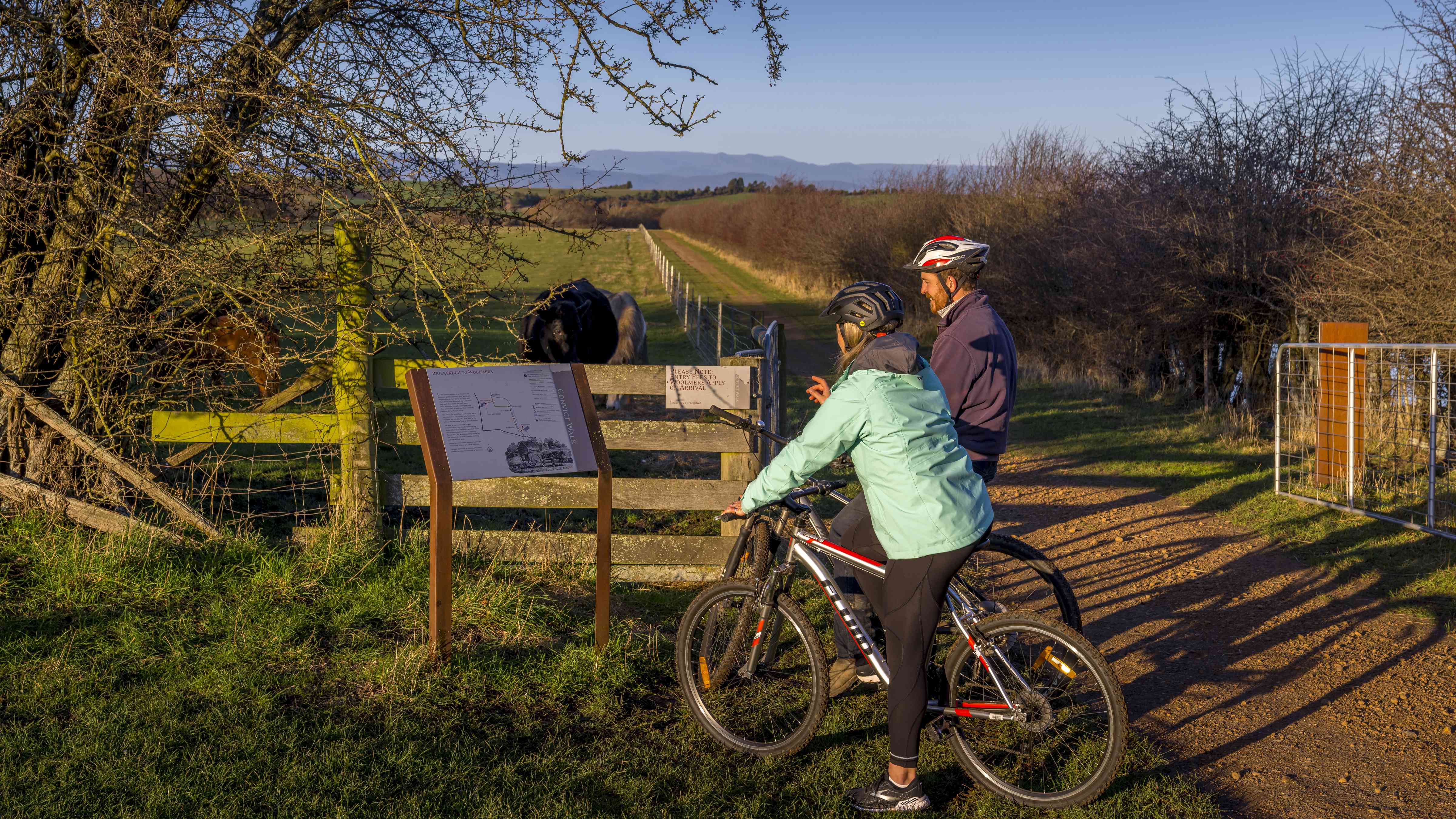 Two cyclists read an information sign at the start of the Convict Trail. The trail leads off into the distance with mountains in the background. Photo: Rob Burnett.