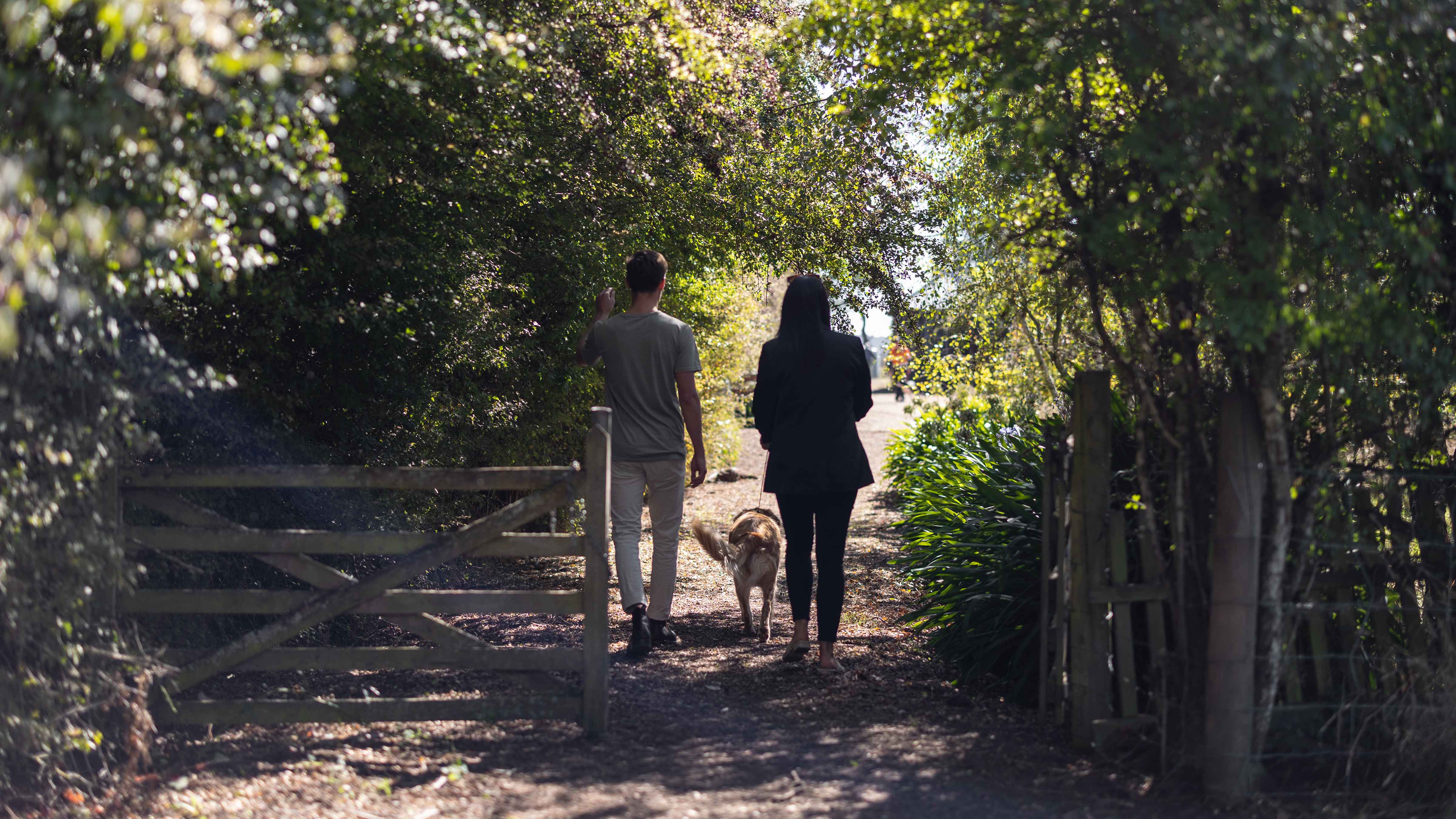 Two people and a dog walk along a laneway through a wooden gate that is flanked by hawthorn hedges. The hedges have just come into flower and have green leaves. Photo: Kate von Stieglitz / Tourism Australia.