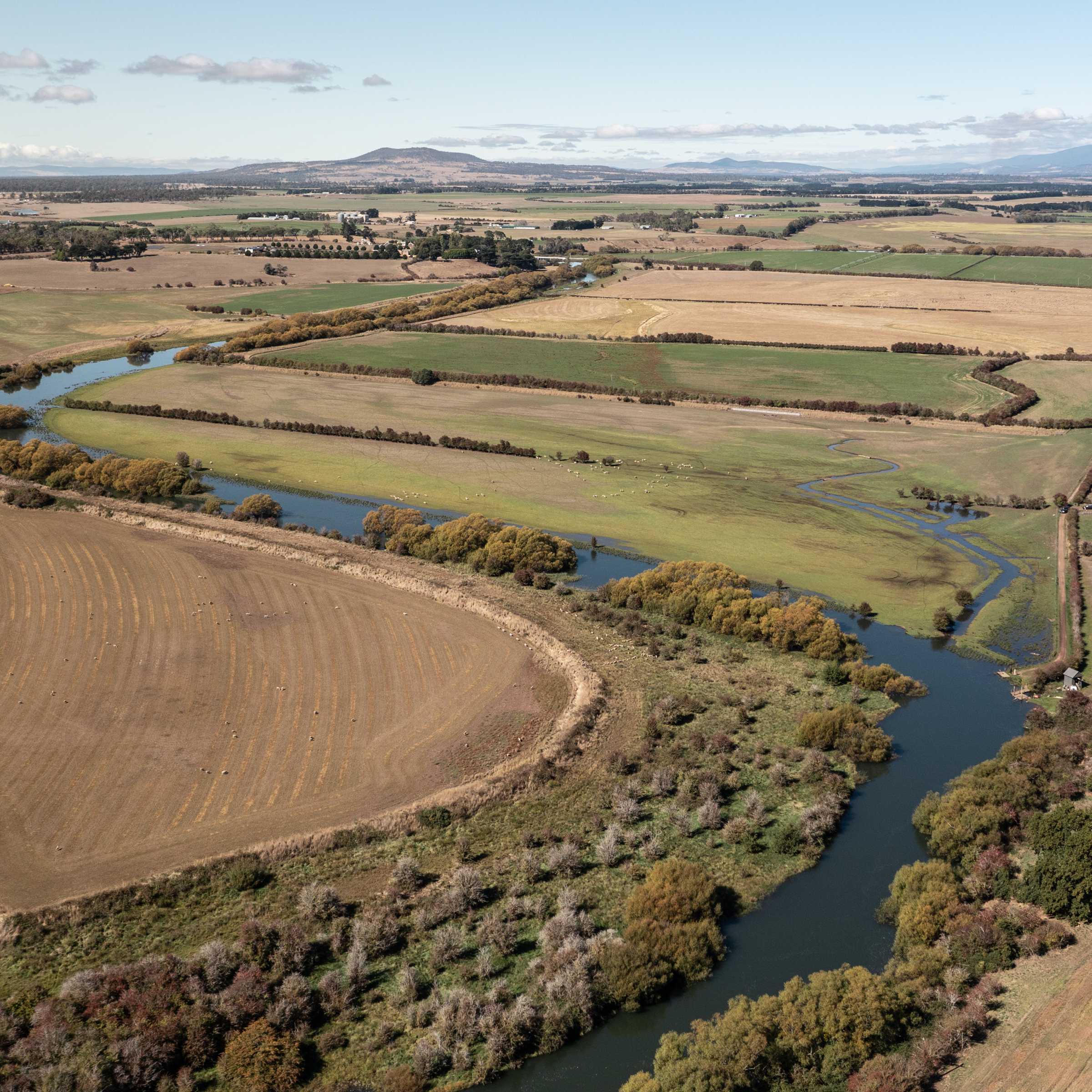 Aerial shot of Brickendon fields on the left of the Macquarie River and further cultivated farmland on the right of the river. River banks are lined with willow trees and tussocks. Photo: Kate von Stieglitz / Tourism Australia.
